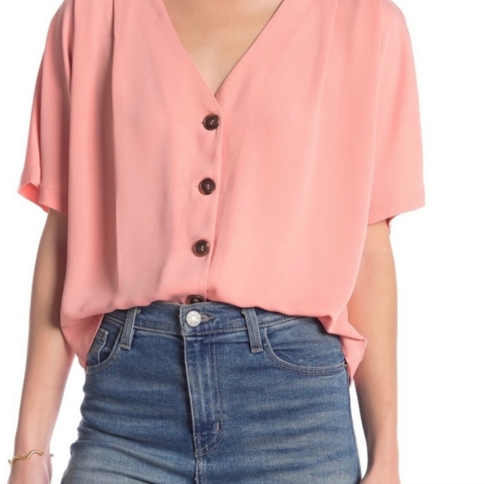 Peach Pink Loose Fit Button Up V-Neck Blouse Elodie sz M